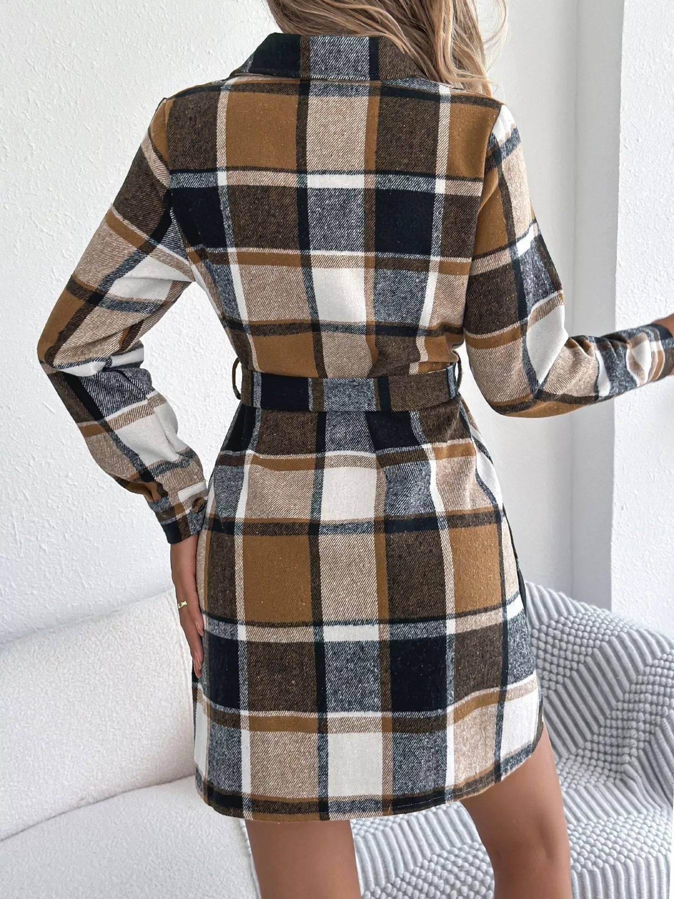 Highland Charm Plaid Dress – belted button-down long sleeve plaid dress in classic checkered print