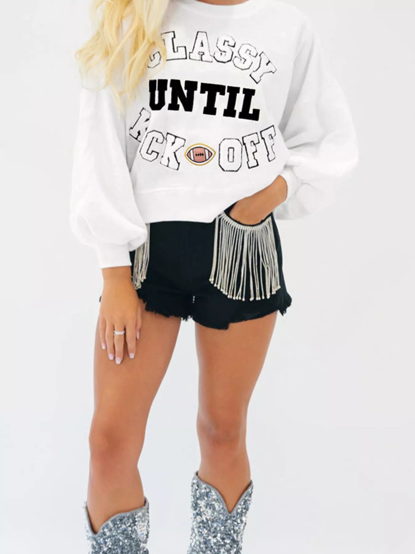 White Kickoff Queen sweatshirt with bold varsity lettering, cozy oversized fit, and casual sporty game day style.
