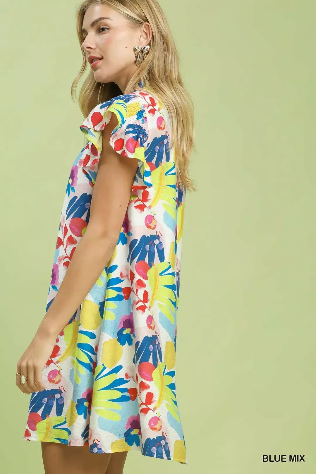 Colorful botanical print mini dress with ruffled sleeves