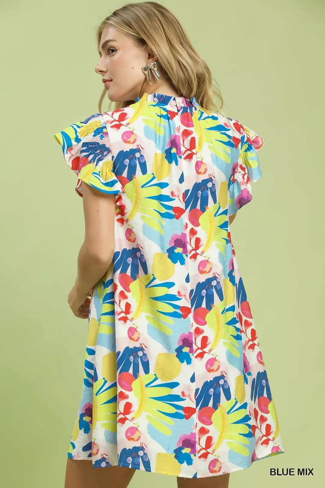 Colorful botanical print mini dress with ruffled sleeves