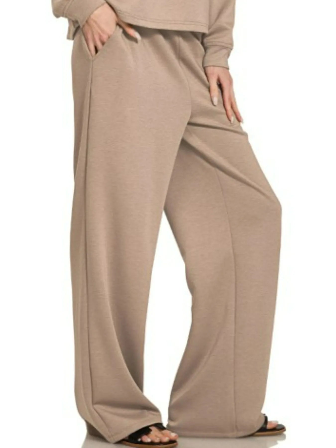Latte Lounge Set – Zenana oversized crewneck sweatshirt and wide-leg palazzo pants in soft latte beige.