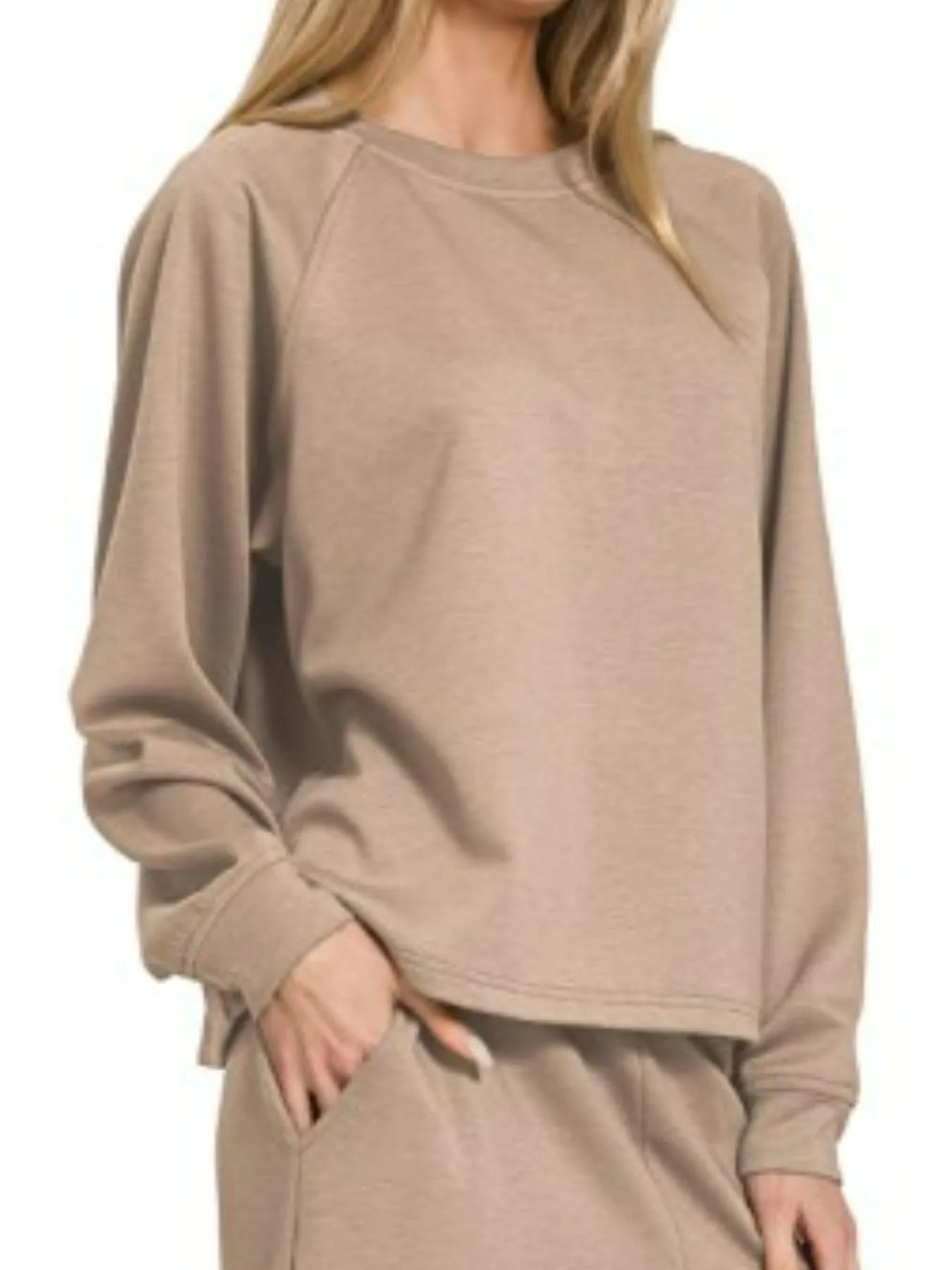 Latte Lounge Set – Zenana oversized crewneck sweatshirt and wide-leg palazzo pants in soft latte beige.