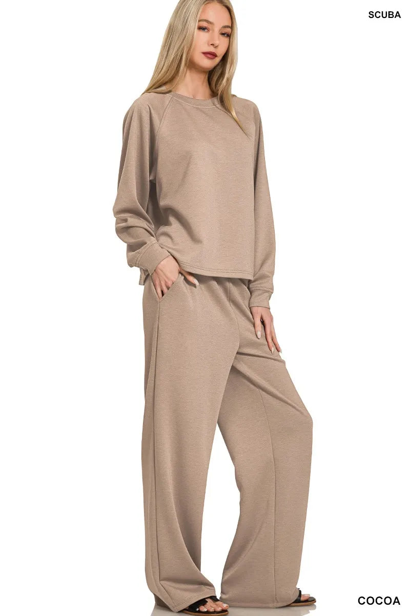 Latte Lounge Set – Zenana oversized crewneck sweatshirt and wide-leg palazzo pants in soft latte beige.