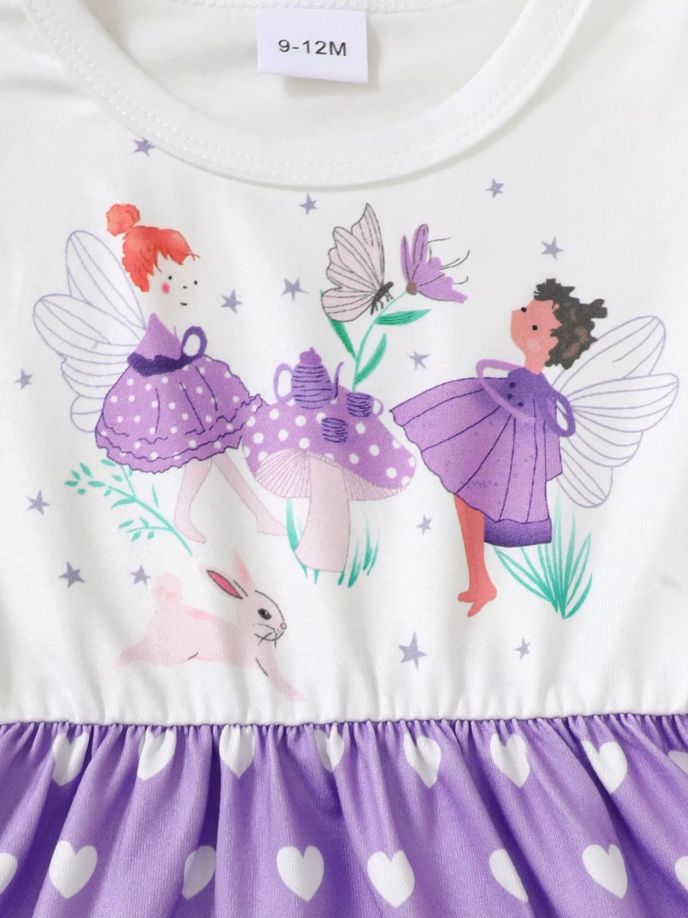 Three piece lavender girls dress set with fairy print, floral print, and heart print ruffle sleeve dresses