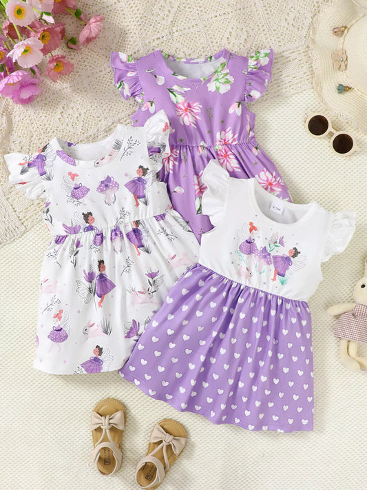 Three piece lavender girls dress set with fairy print, floral print, and heart print ruffle sleeve dresses