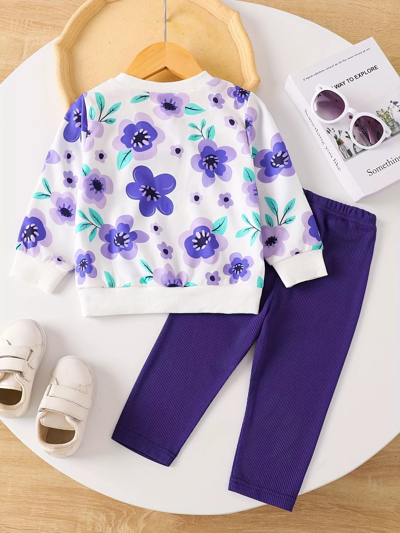 Children’s purple floral two-piece outfit with long sleeve top and leggings