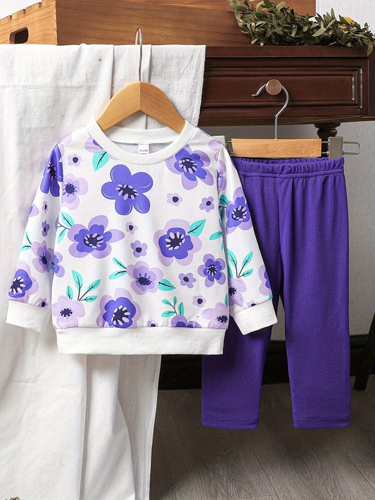 Children’s purple floral two-piece outfit with long sleeve top and leggings