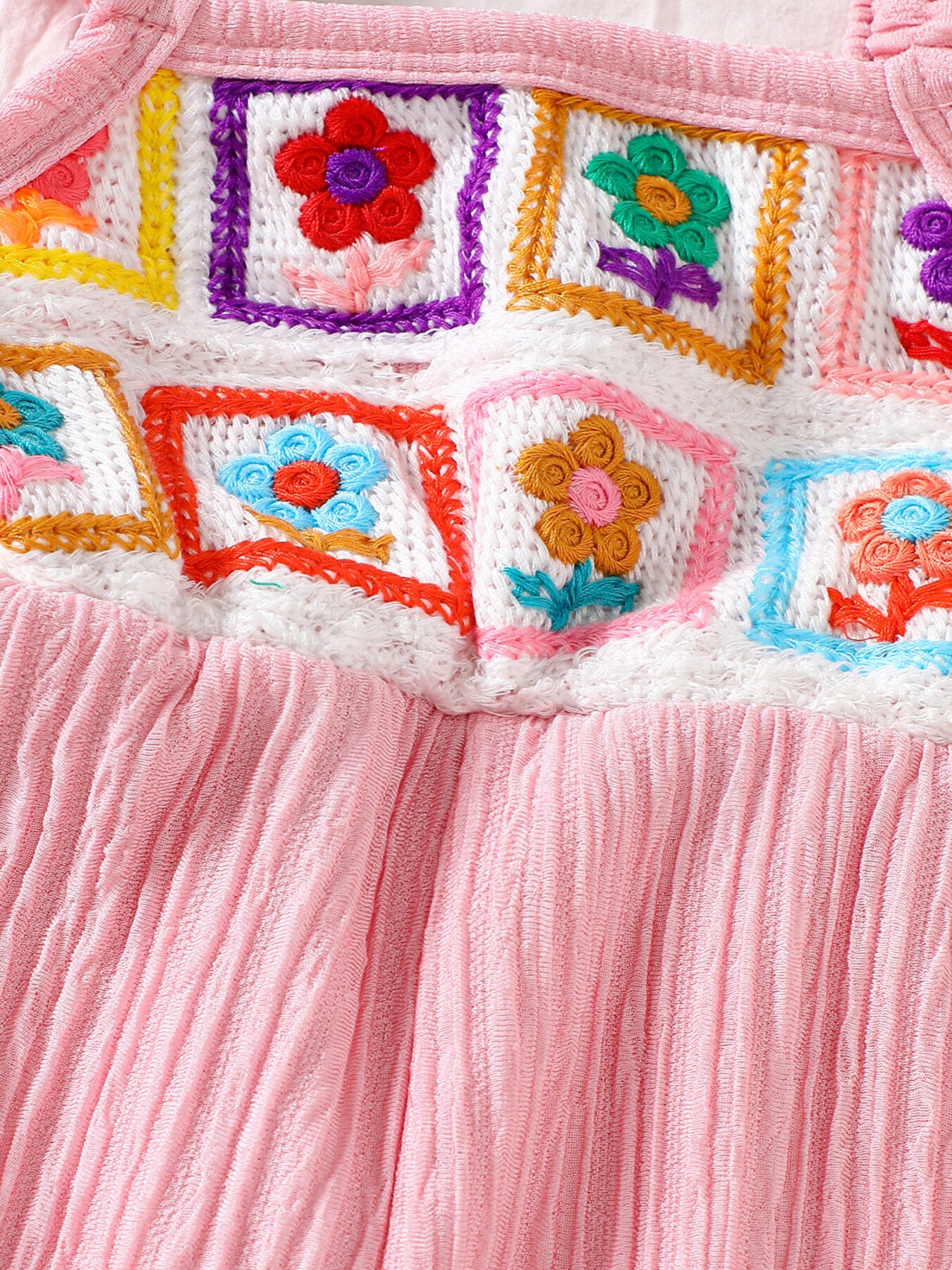 Kids bell-leg jumpsuit with crochet patchwork bodice and flutter straps