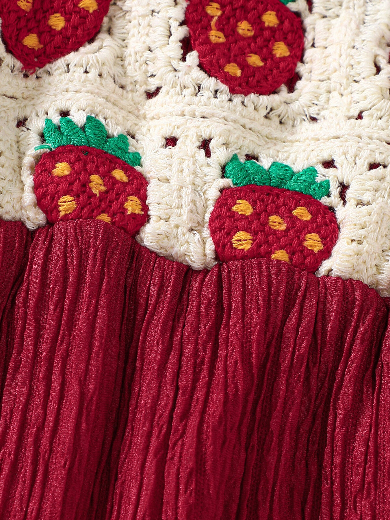 Kids bell-leg jumpsuit with crochet patchwork bodice and flutter straps