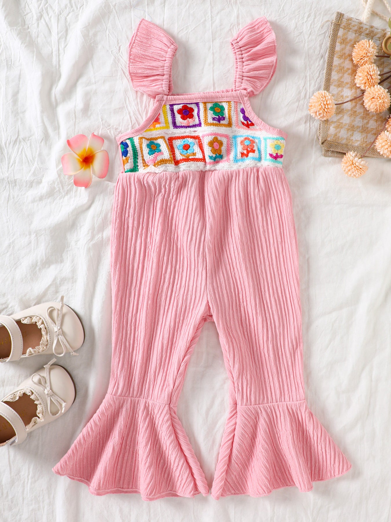 Kids bell-leg jumpsuit with crochet patchwork bodice and flutter straps