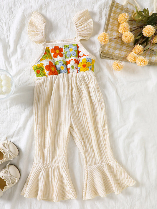 Kids bell-leg jumpsuit with crochet patchwork bodice and flutter straps
