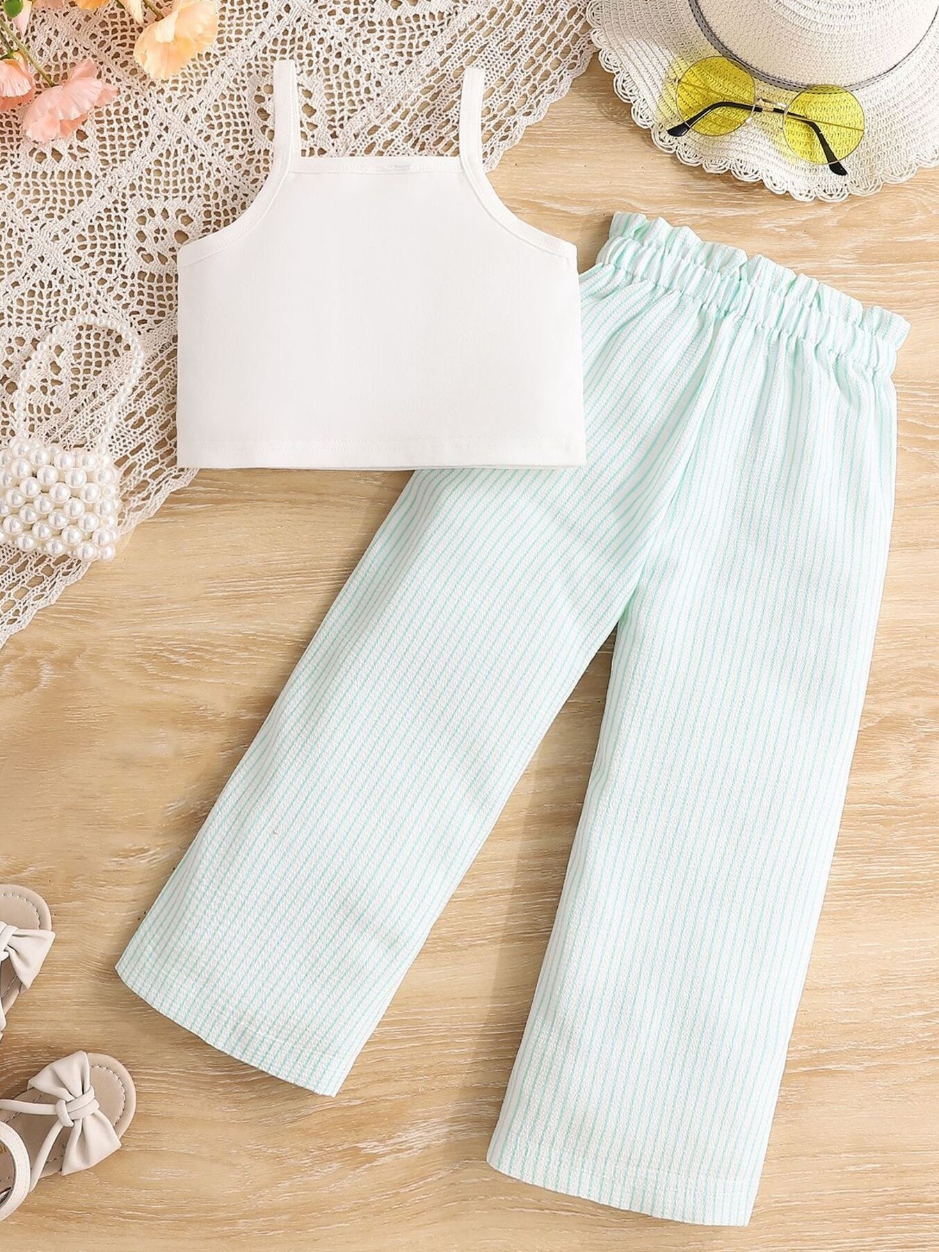 Kids two-piece outfit with rainbow applique top and striped pom-pom trim pants