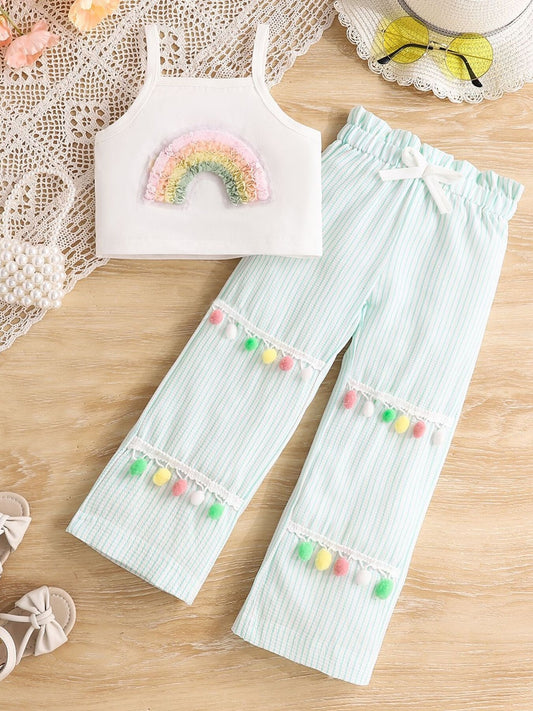 Kids two-piece outfit with rainbow applique top and striped pom-pom trim pants