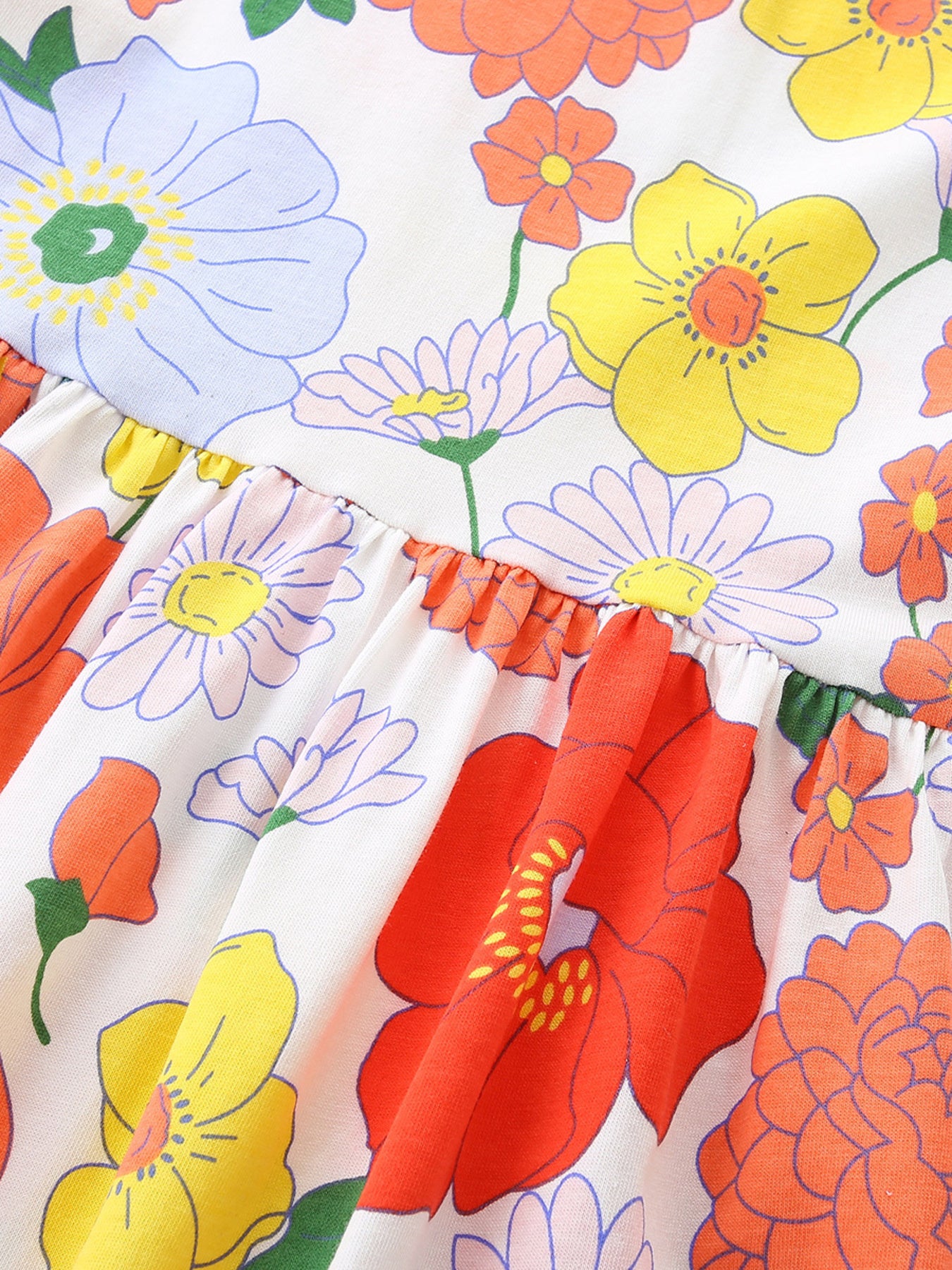 Girls cotton dress with colorful floral print, flutter sleeves, and a flowy skirt styled with white Mary Jane shoes.