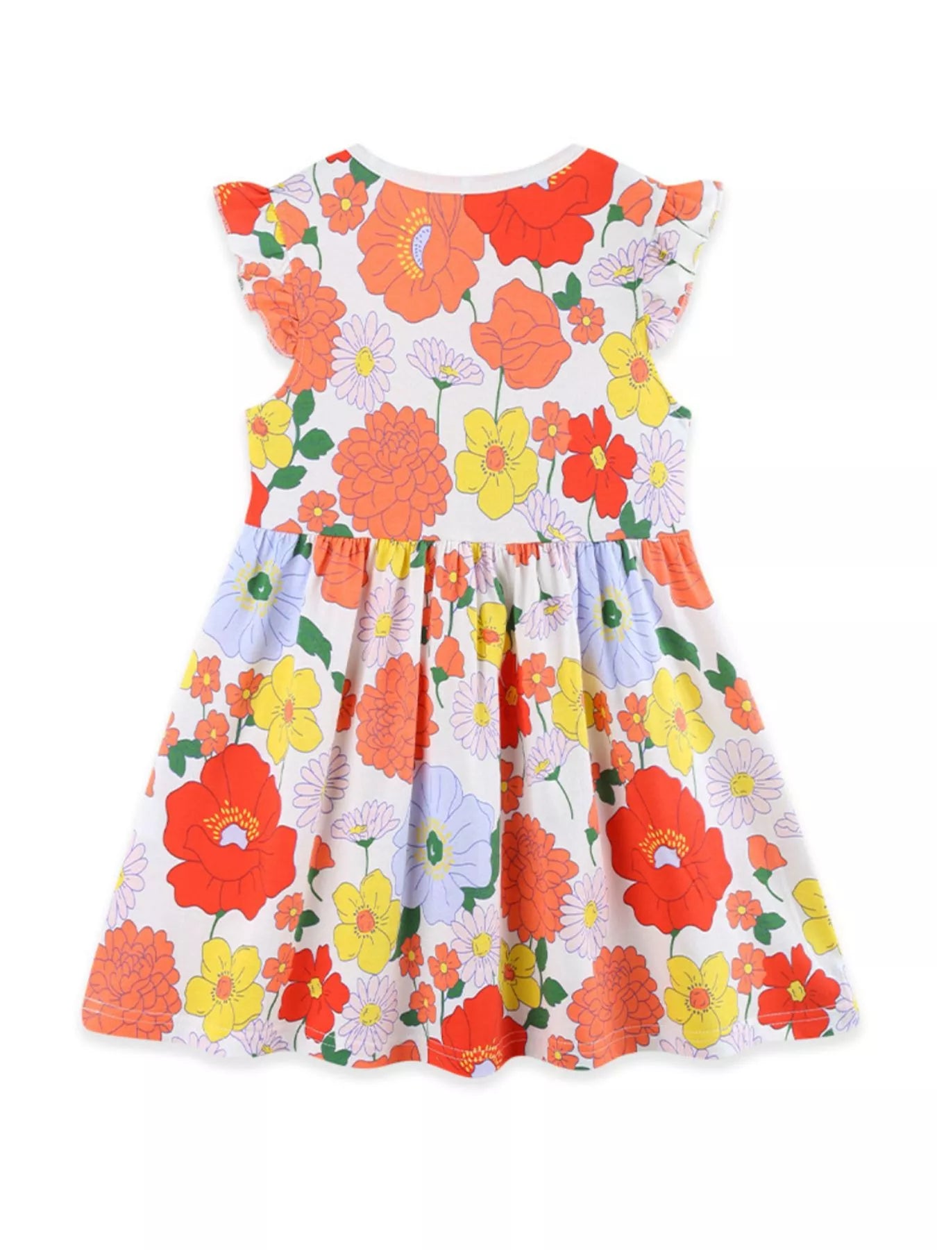 Girls cotton dress with colorful floral print, flutter sleeves, and a flowy skirt styled with white Mary Jane shoes.