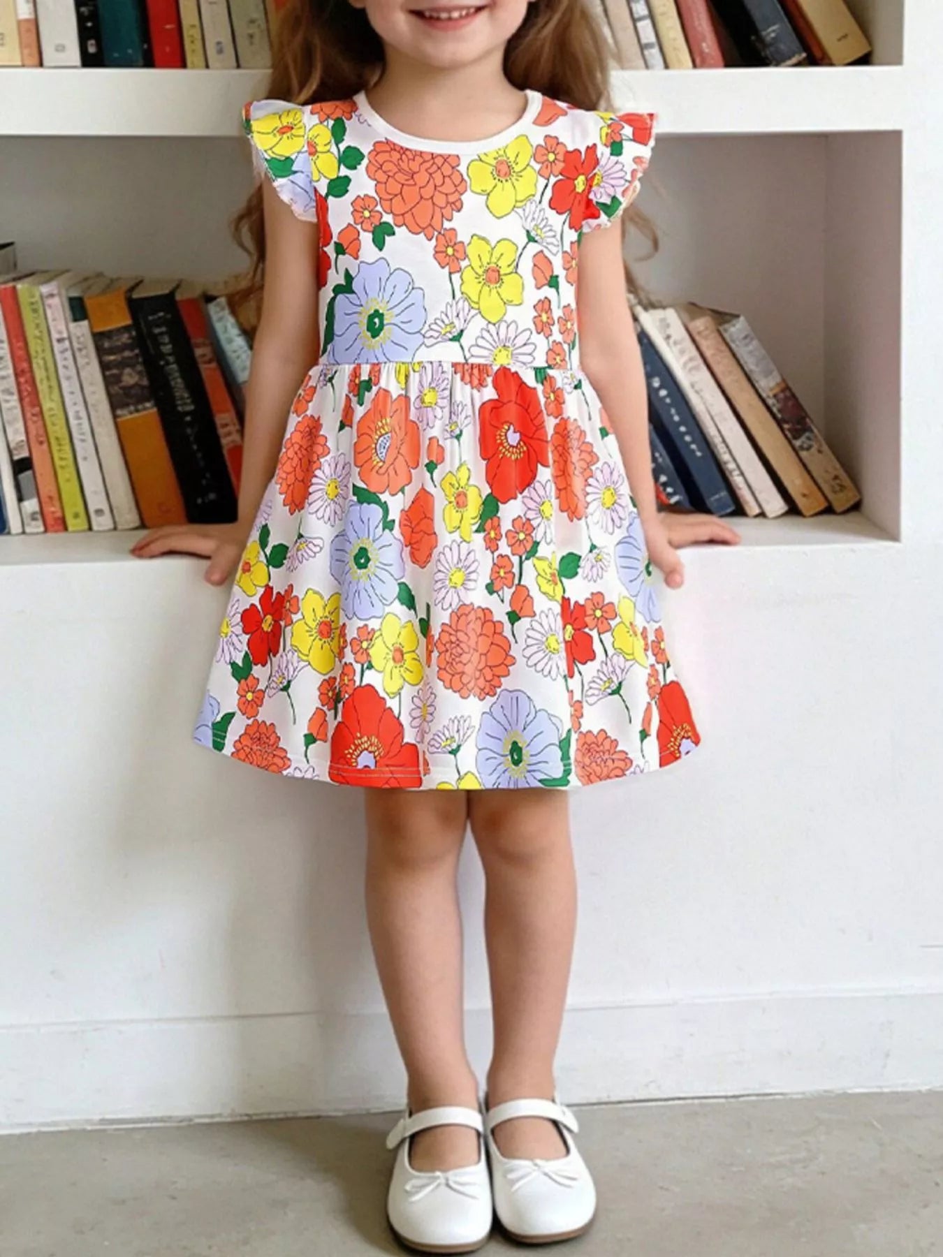 Girls cotton dress with colorful floral print, flutter sleeves, and a flowy skirt styled with white Mary Jane shoes.