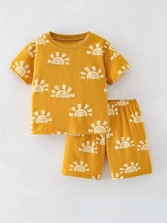 Mustard yellow kids two piece set with white sunshine print short sleeve top and matching shorts