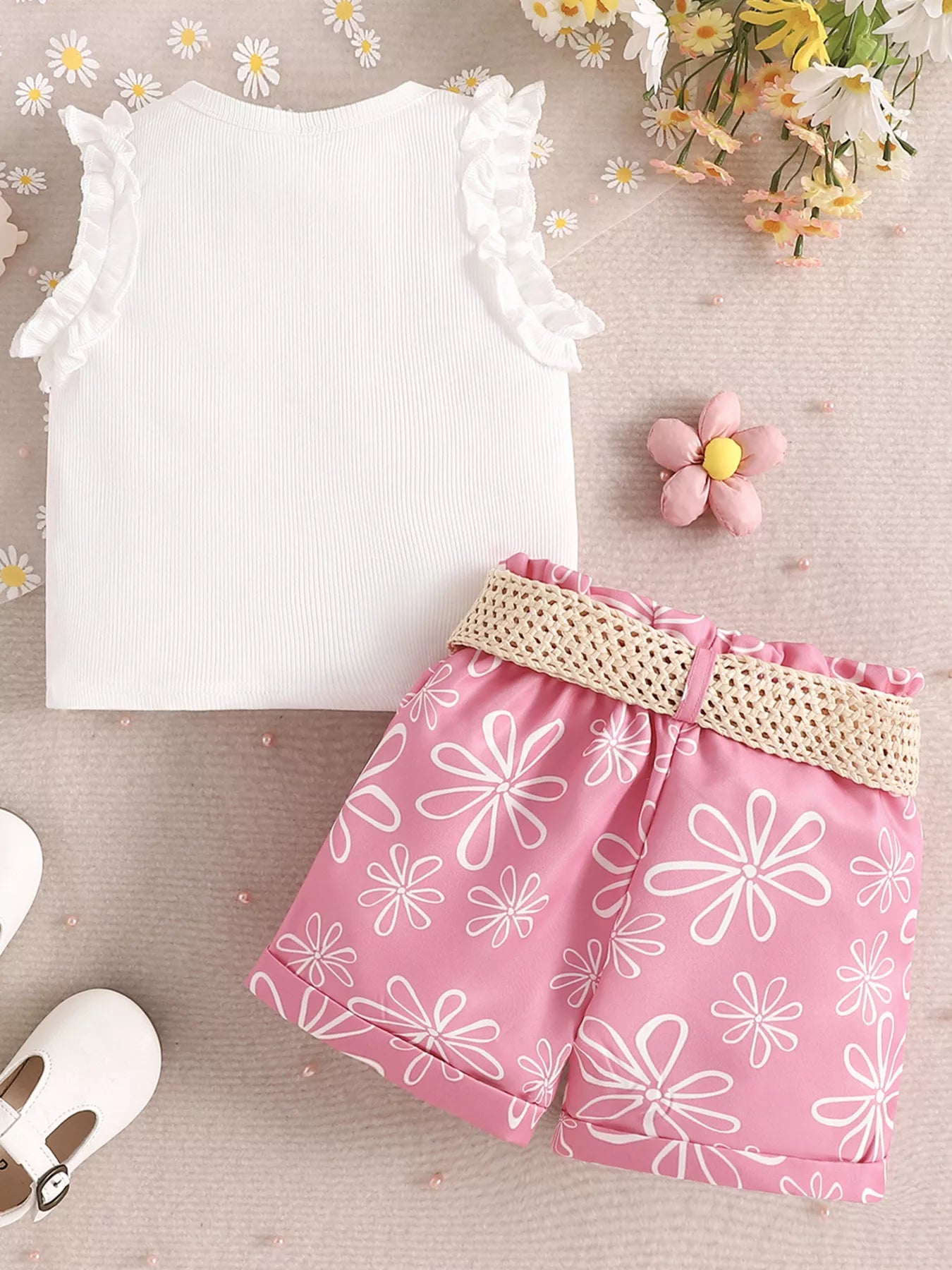 Children’s two-piece outfit with belted detail, soft cotton-blend fabric, and cute everyday styling available in pink and green.