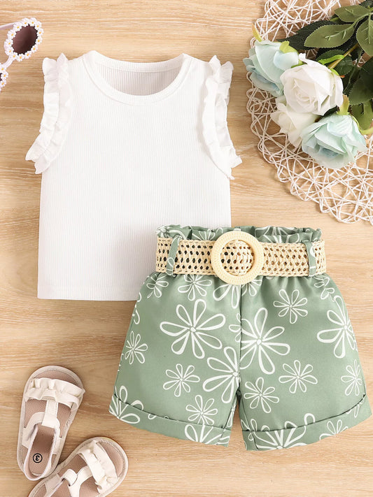 Children’s two-piece outfit with belted detail, soft cotton-blend fabric, and cute everyday styling available in pink and green.