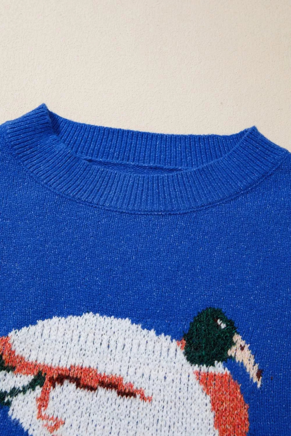 Blue knit sweater with duck graphic, relaxed off-shoulder neckline, ribbed trim, and soft slightly stretchy recycled-blend fabric.