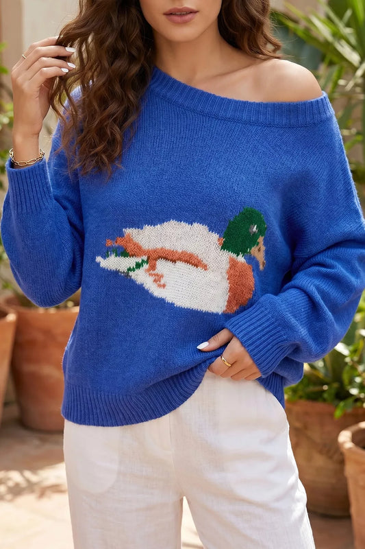 Blue knit sweater with duck graphic, relaxed off-shoulder neckline, ribbed trim, and soft slightly stretchy recycled-blend fabric.