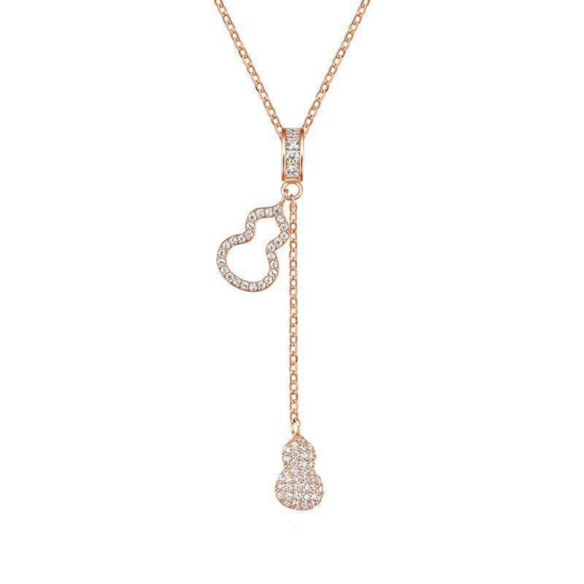Rose gold necklace with zircon gourd-shaped pendant and drop charm