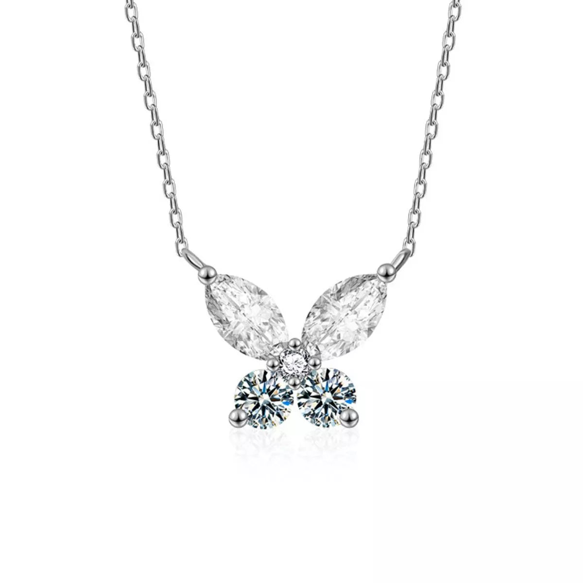 Butterfly-shaped moissanite pendant necklace in platinum-plated sterling silver.