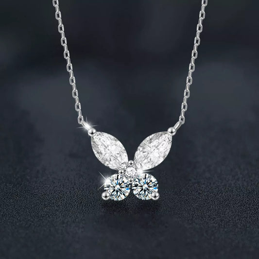 Butterfly-shaped moissanite pendant necklace in platinum-plated sterling silver.
