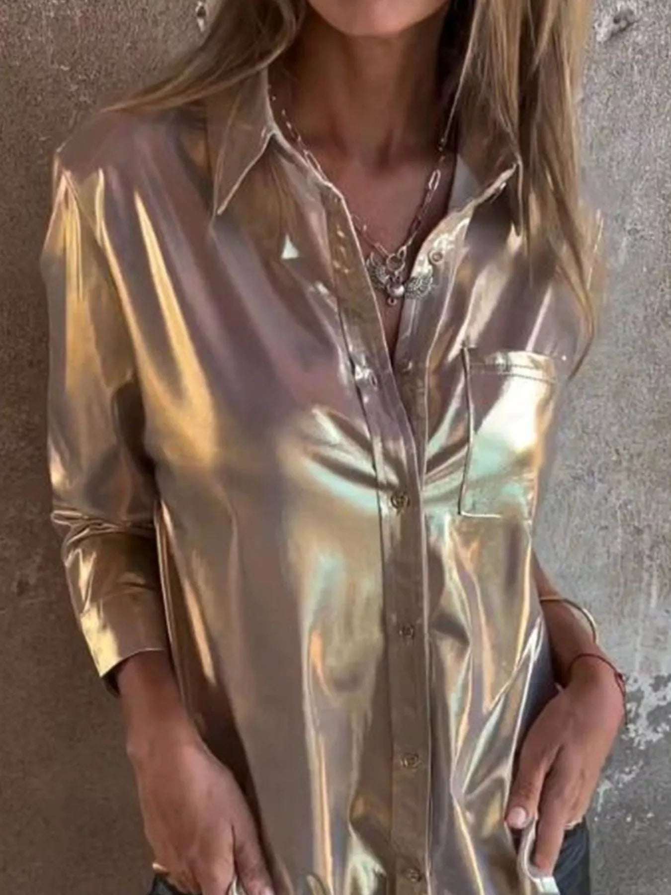 Lustre Luxe Button-Down Shirt in apricot with glossy finish