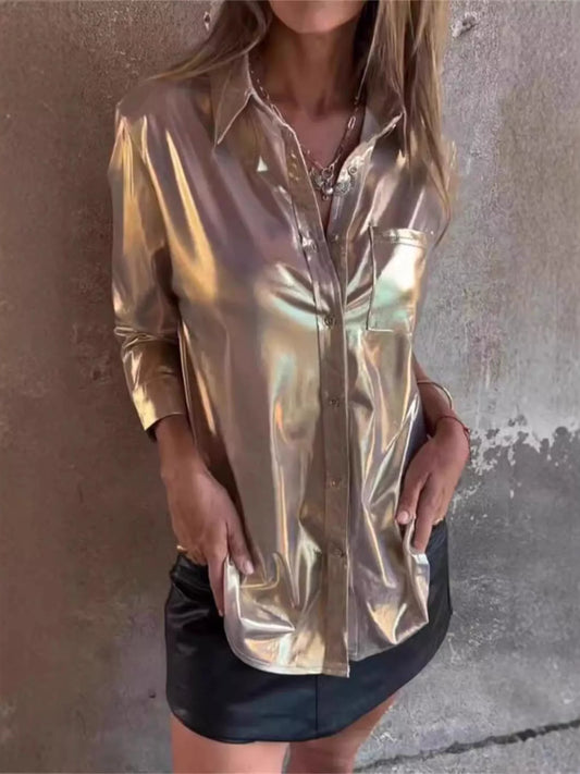 Lustre Luxe Button-Down Shirt in apricot with glossy finish