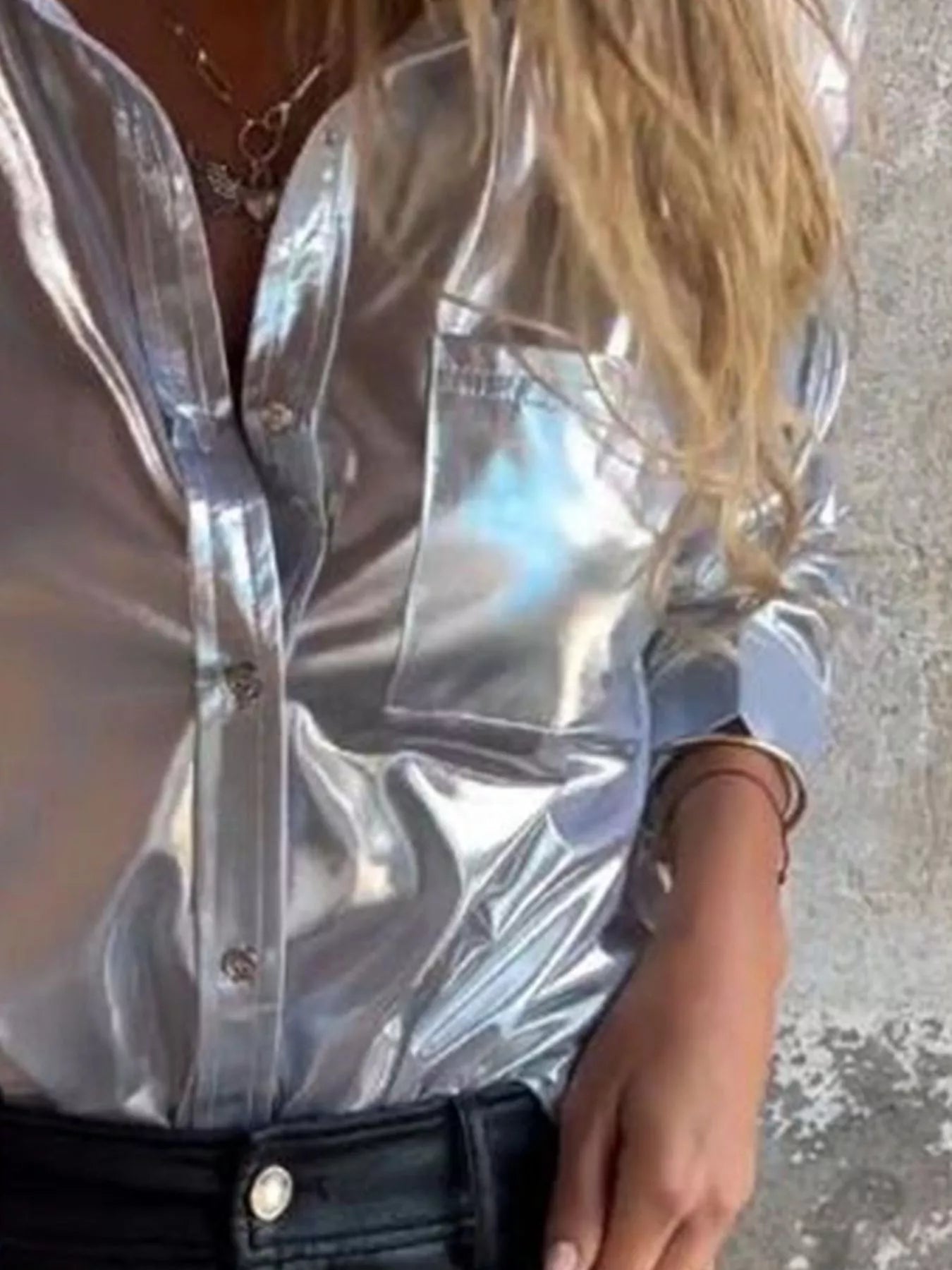 Lustre Luxe Button-Down Shirt in silver metallic sheen
