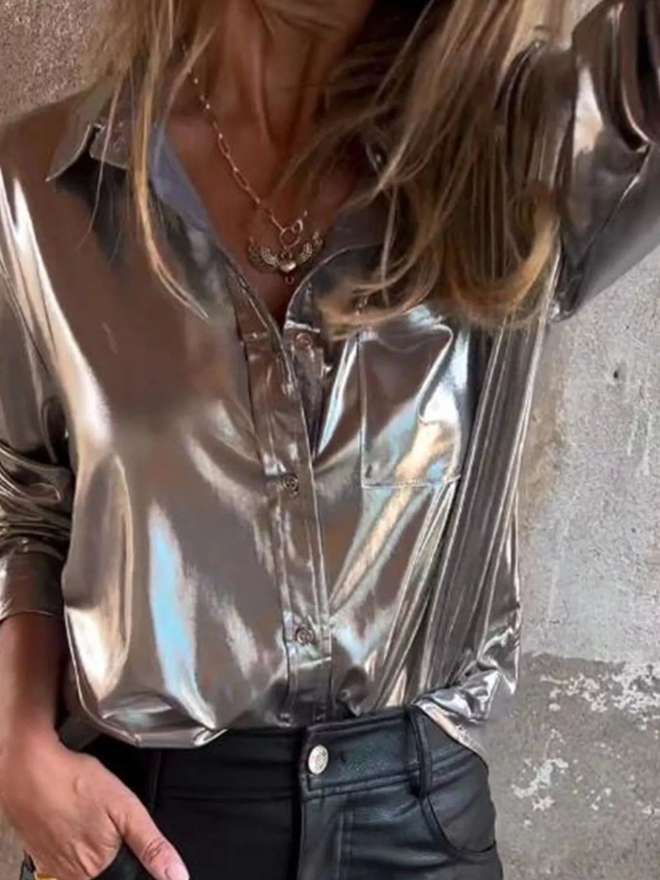Lustre Luxe Button-Down Shirt in silver metallic sheen