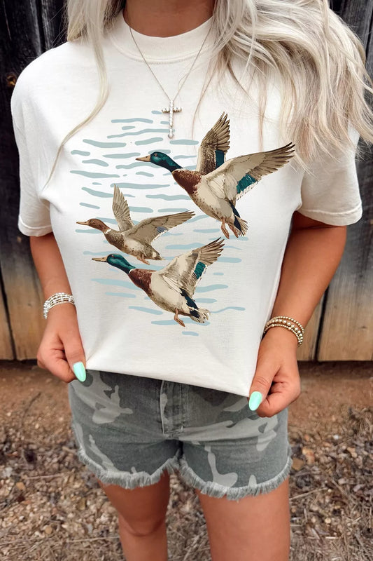 White short sleeve graphic tee with flying mallard duck design, crew neckline, slightly stretchy cotton-blend fabric, and casual outdoor styling.