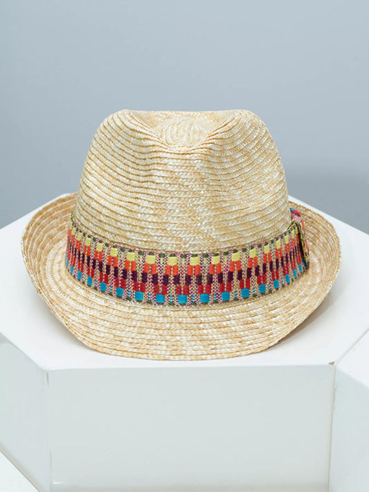 woven straw hat with colorful boho band detail and classic brimmed shape