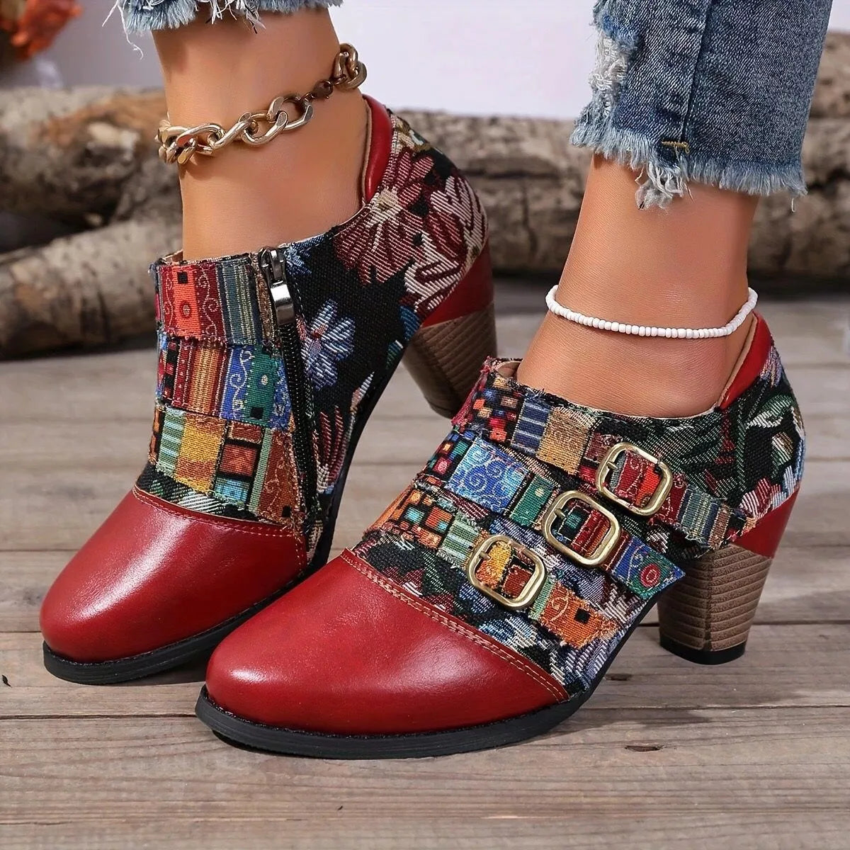 Floral lace-up mid heel women’s shoes with vintage-inspired pattern design