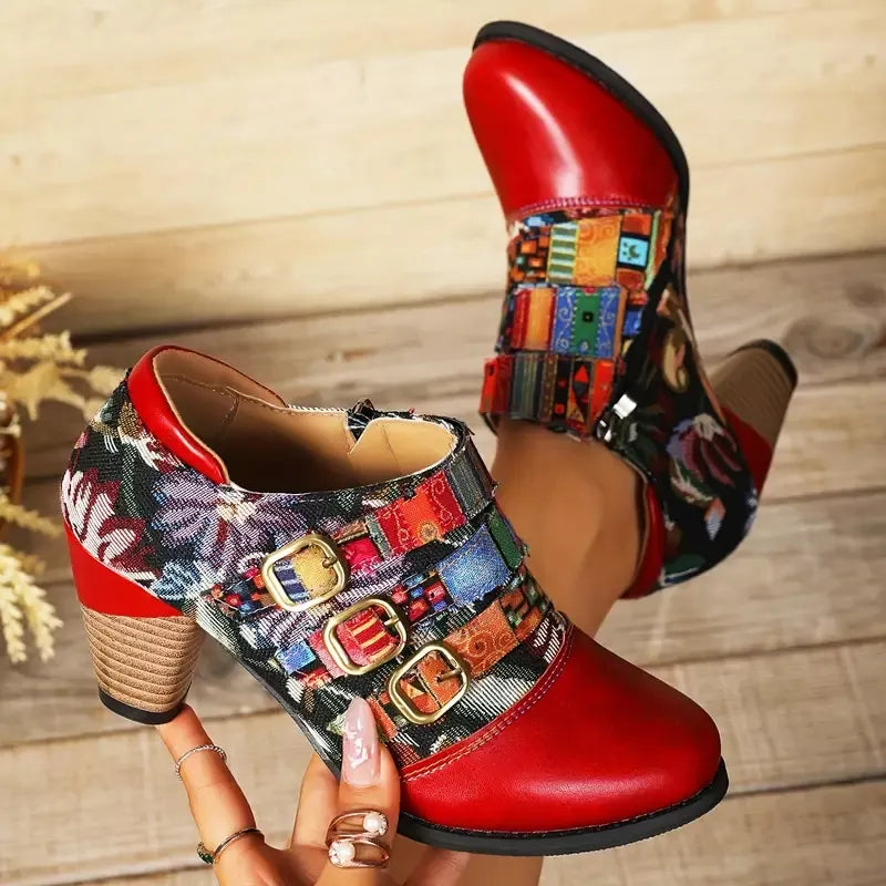 Floral lace-up mid heel women’s shoes with vintage-inspired pattern design