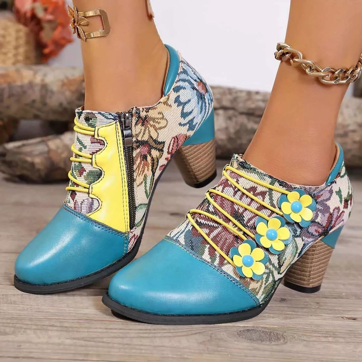 Floral lace-up mid heel women’s shoes with vintage-inspired pattern design