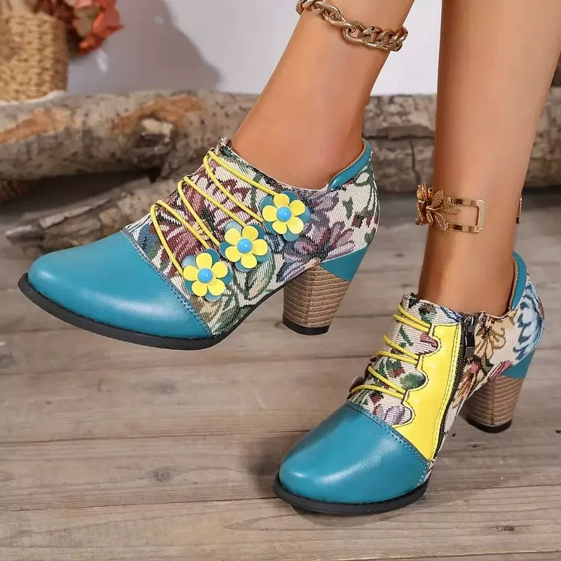 Floral lace-up mid heel women’s shoes with vintage-inspired pattern design