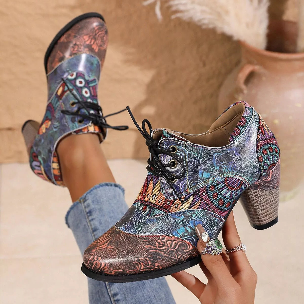 Floral lace-up mid heel women’s shoes with vintage-inspired pattern design