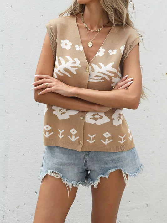 Tan floral knit button-front sleeveless sweater vest