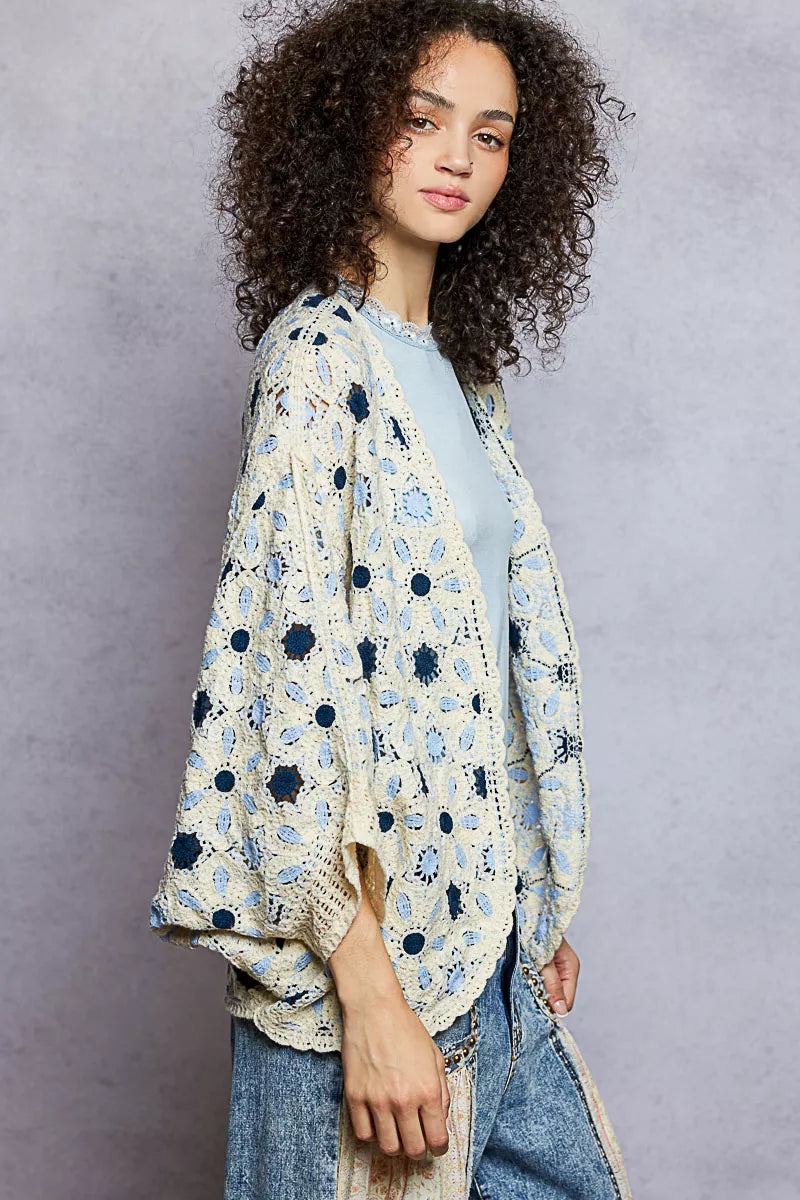 Floral crochet dolman sleeve cardigan with openwork design and relaxed fit