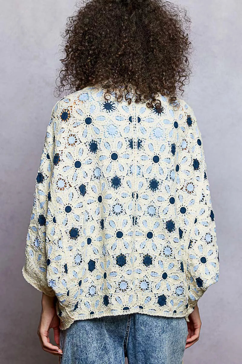 Floral crochet dolman sleeve cardigan with openwork design and relaxed fit
