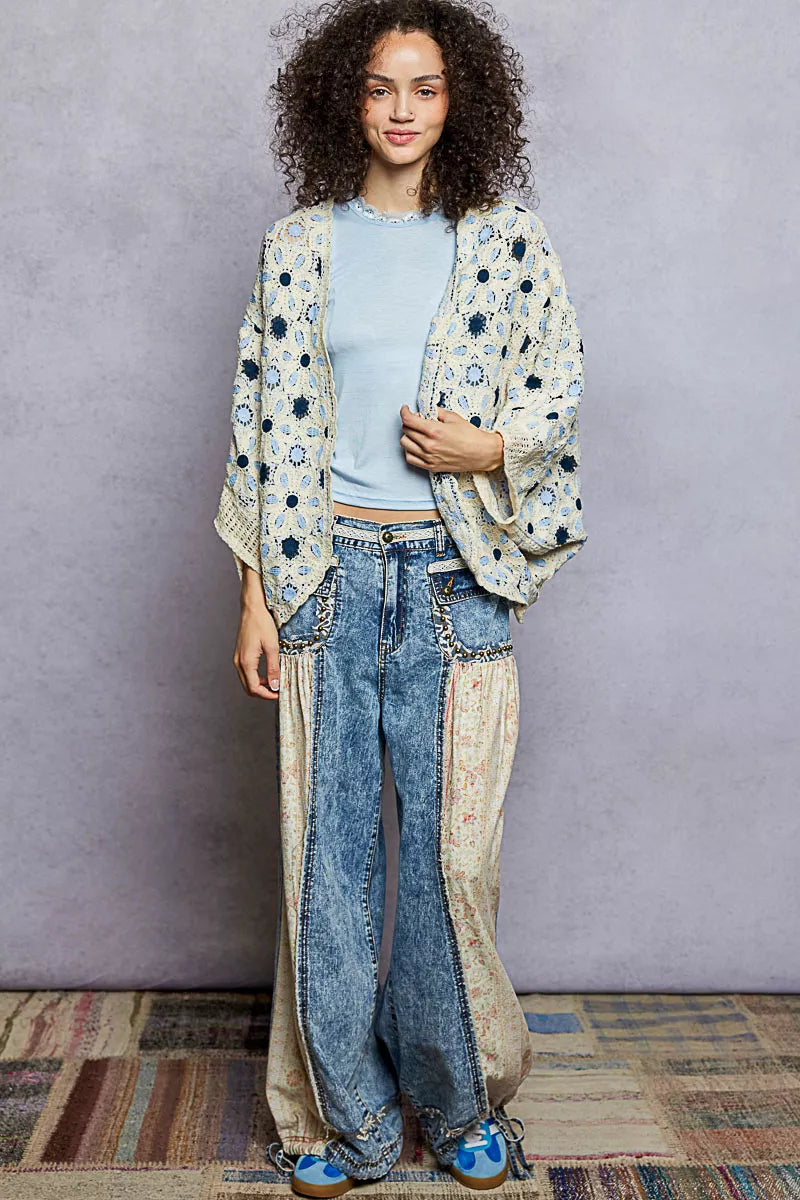 Floral crochet dolman sleeve cardigan with openwork design and relaxed fit