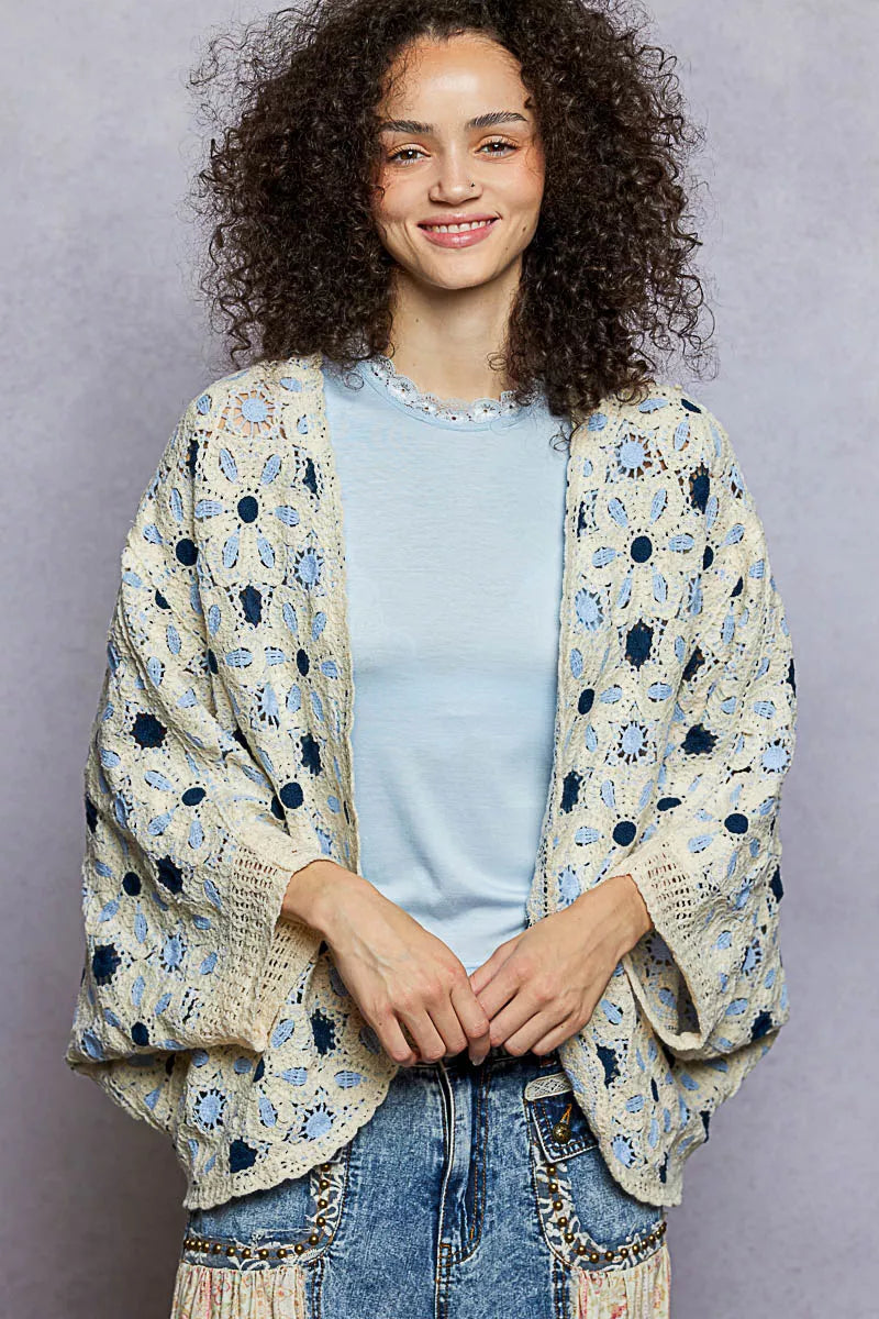 Floral crochet dolman sleeve cardigan with openwork design and relaxed fit