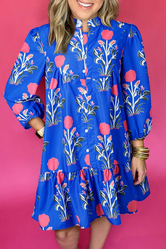 Cobalt blue long sleeve dress with pink floral print and ruffle hem – Midnight Bloom style from A Whimsical Affair.