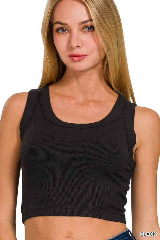 Black ribbed cropped tank top with scoop neckline