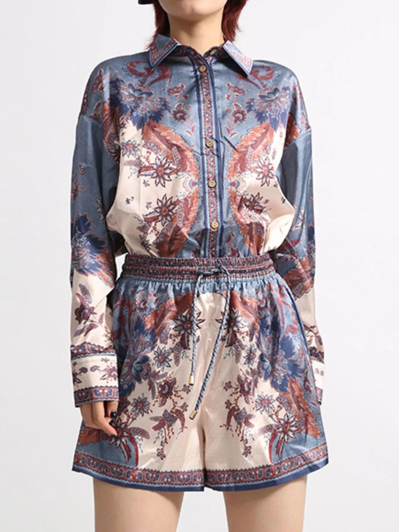 Midnight Garden Set – floral print long sleeve button-front shirt with matching drawstring shorts two-piece outfit.