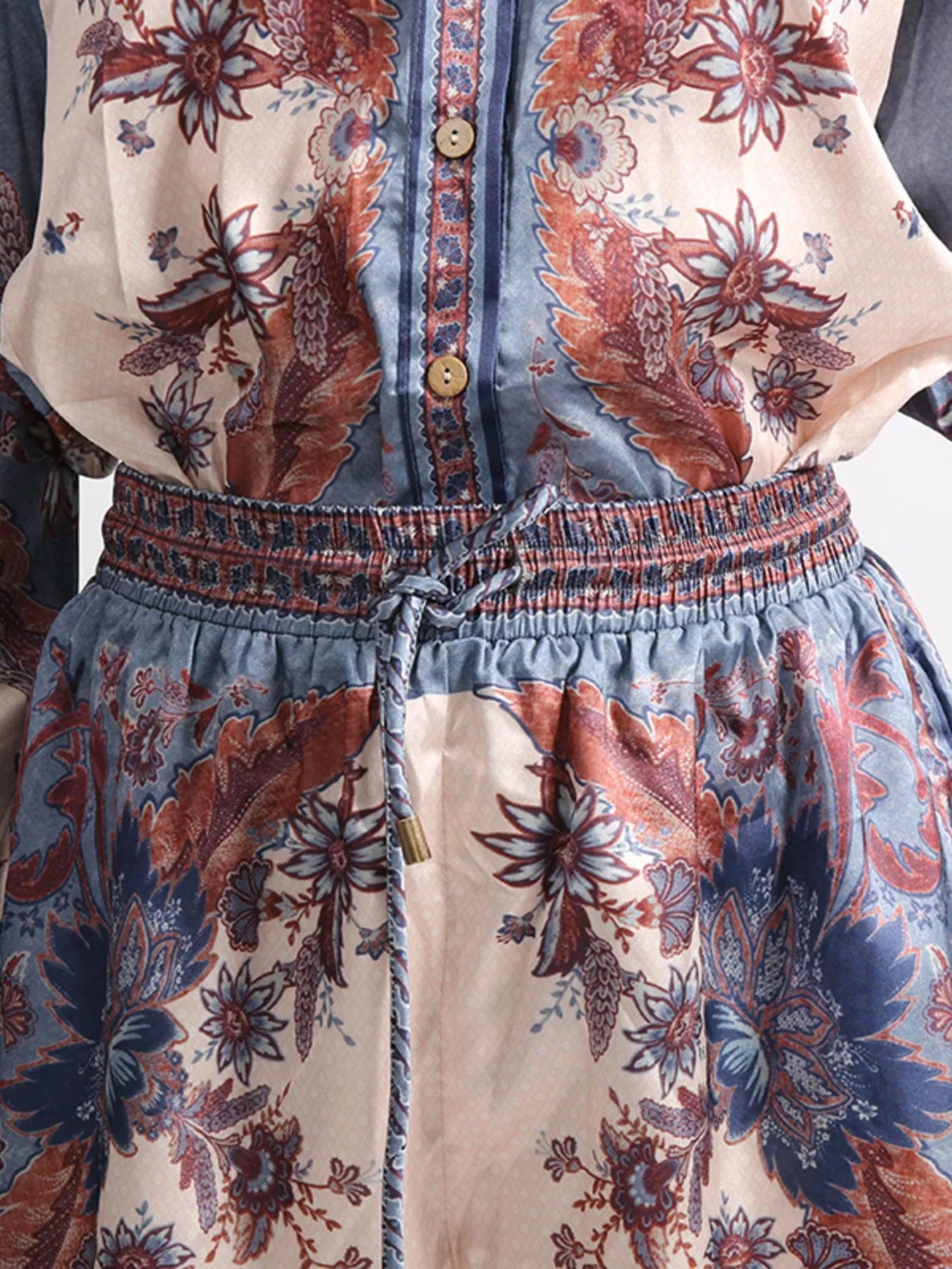 Midnight Garden Set – floral print long sleeve button-front shirt with matching drawstring shorts two-piece outfit.