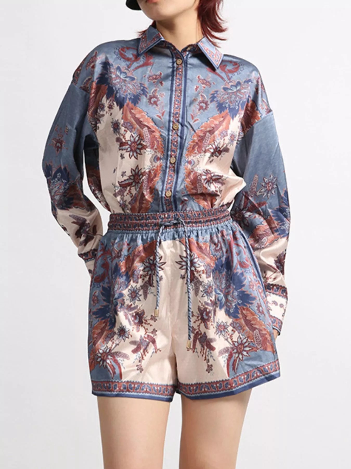 Midnight Garden Set – floral print long sleeve button-front shirt with matching drawstring shorts two-piece outfit.