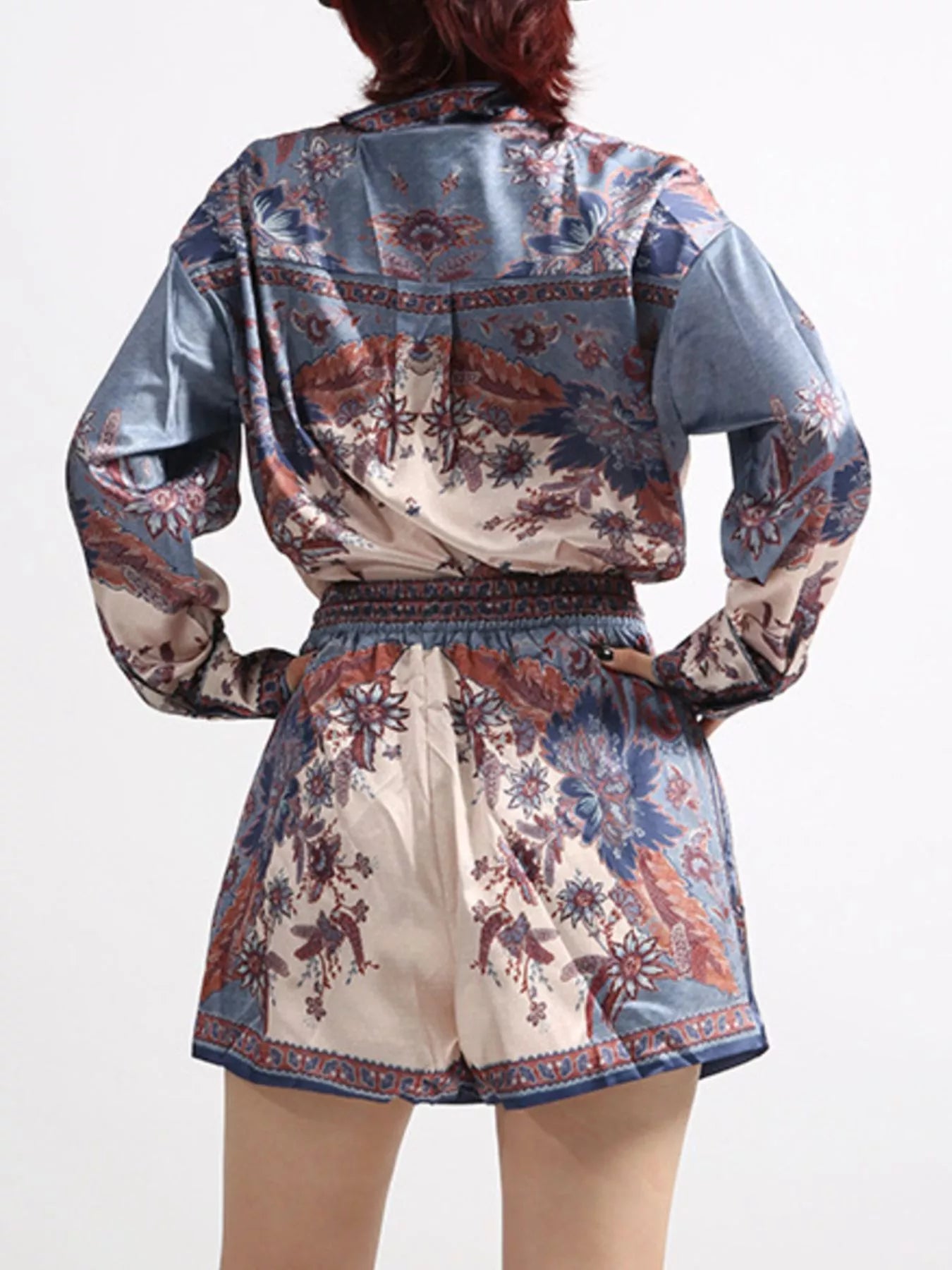 Midnight Garden Set – floral print long sleeve button-front shirt with matching drawstring shorts two-piece outfit.